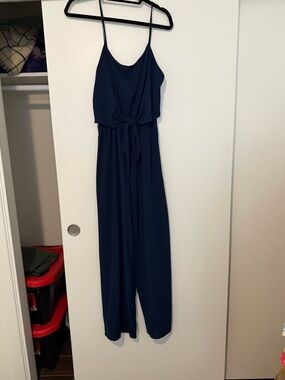 Everly Navy Spaghetti-Strap Tie-Front Jumpsuit